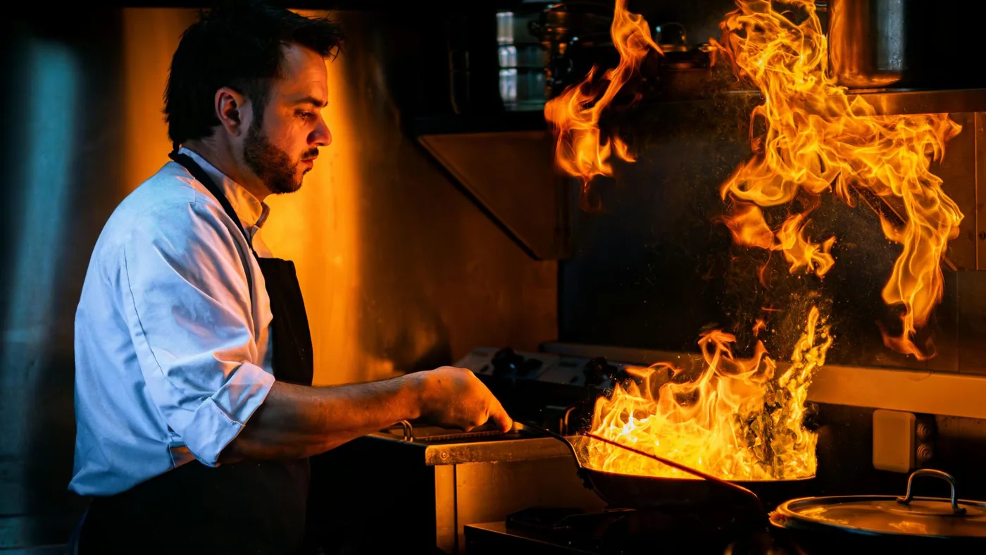 Chef cocinando con fuego en una cocina profesional